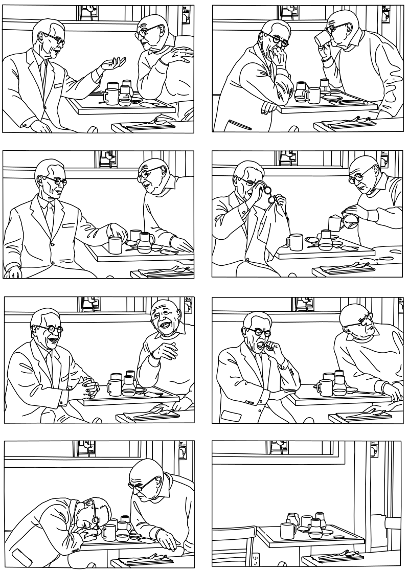 Two elderly men diner conversation vector line drawing, eight-panel sequence with expressive gestures, facial expressions and table setting.
