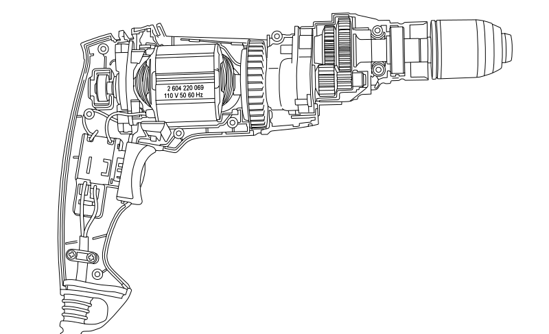 Electric drill cutaway vector line drawing, armature coil, planetary gear train, trigger mechanism and keyless chuck.