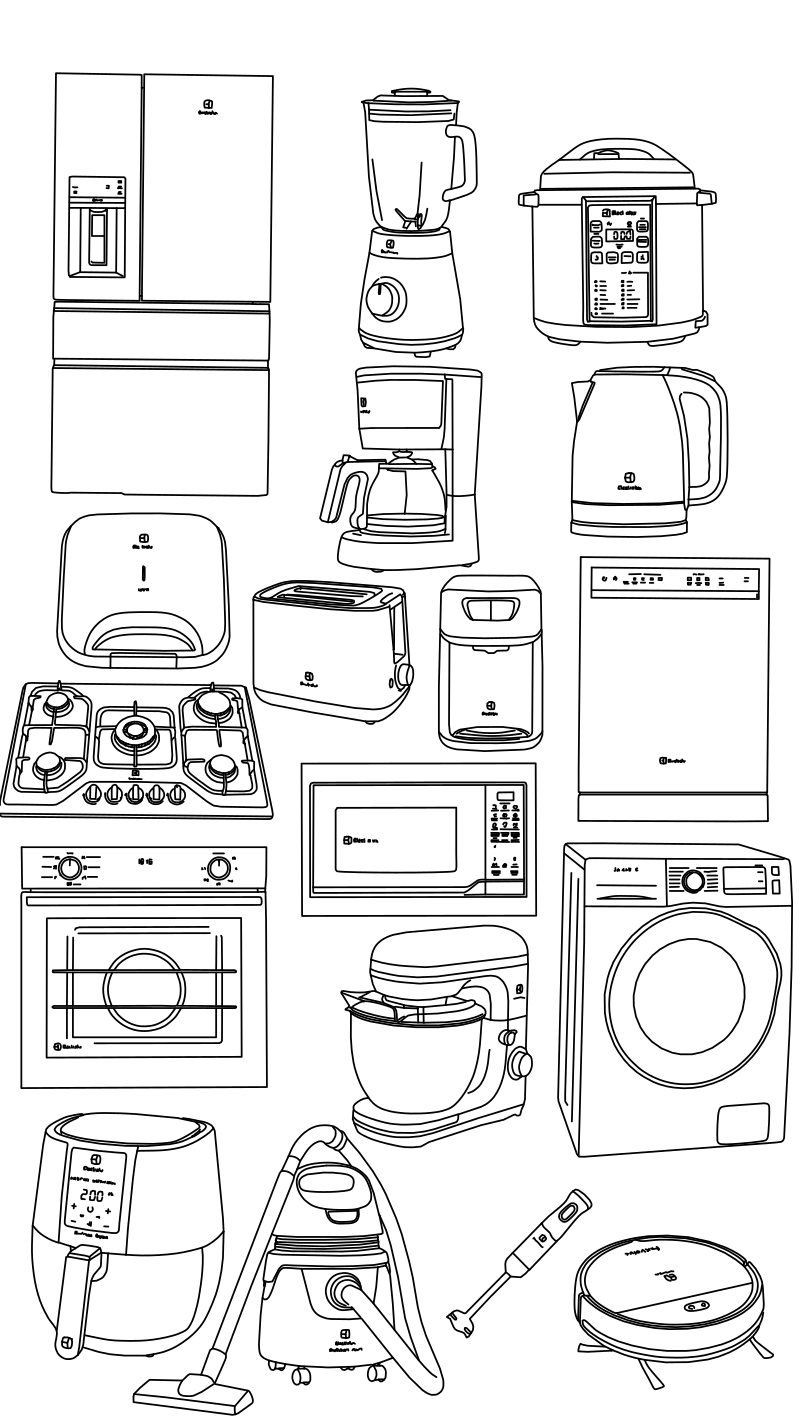 Electrolux home appliances collection vector line drawing, refrigerator, washing machine, oven, blender, air fryer and robotic vacuum.