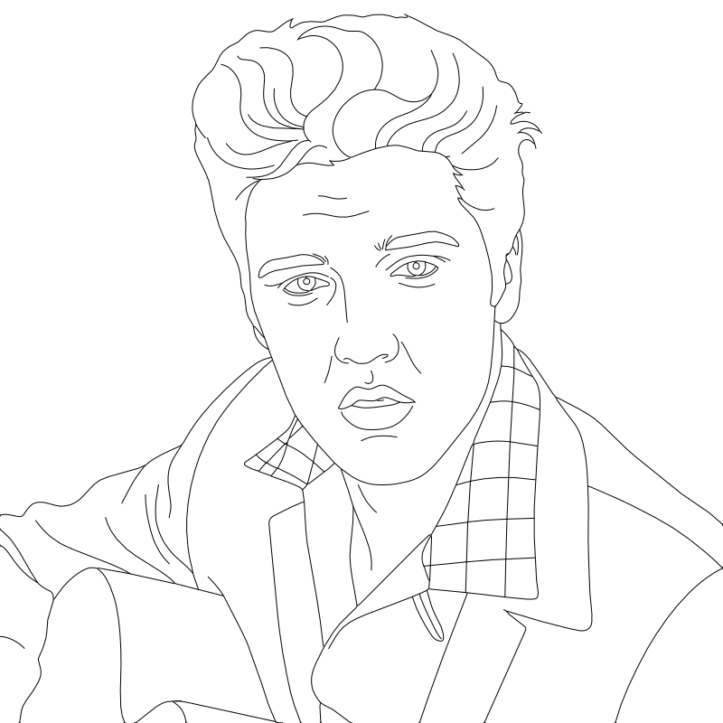Elvis Presley 1950s portrait vector line drawing, pompadour hairstyle, defined brow line and open jacket collar.