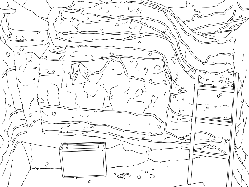 Line drawing of an excavation section face with the layer boundaries, stones, a finds box and a ladder