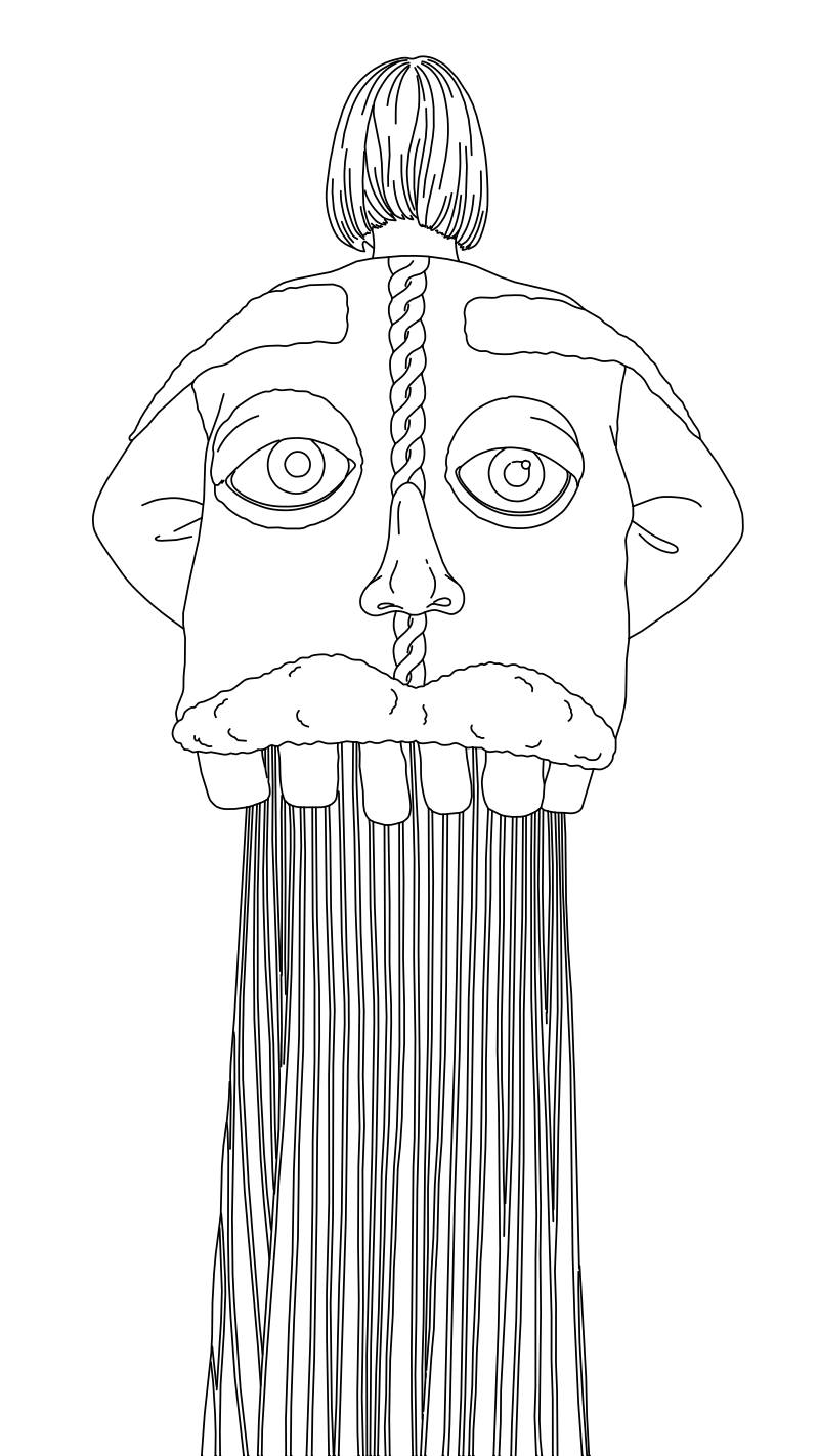 Face appliqué sweater vector line drawing, oversized eye motifs, braided cable seam, mustache trim and teeth hem detail.