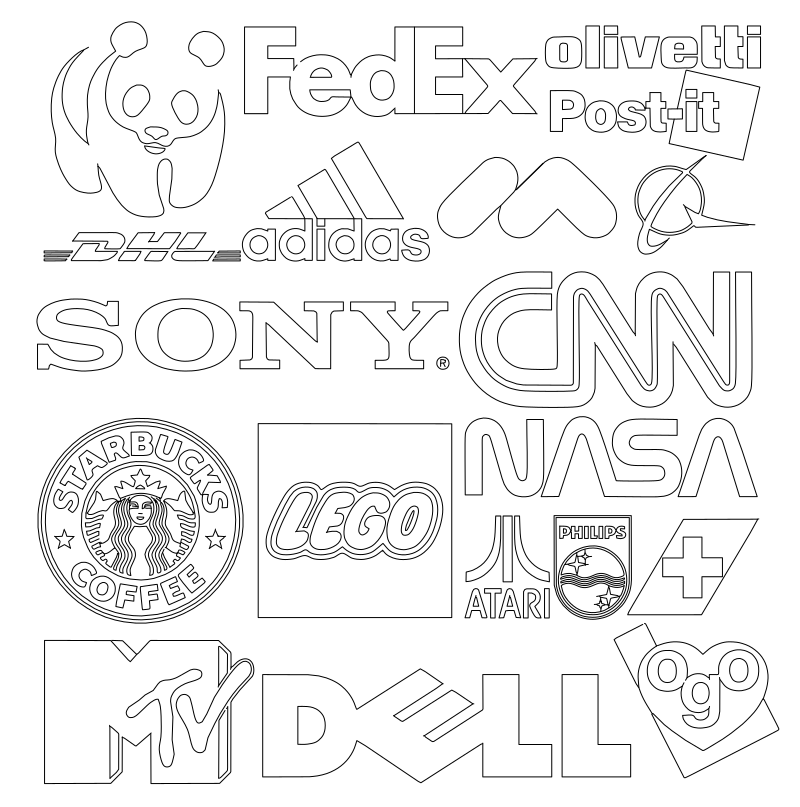 Famous brand logos collection vector line drawing, WWF panda, Starbucks siren medallion, LEGO wordmark and CNN letterforms.