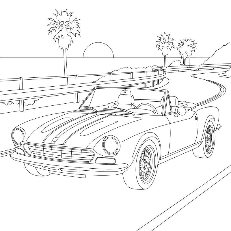 Fiat 124 Spider convertible vector line drawing, round headlights, horizontal grille, fold-flat windshield and alloy wheels.