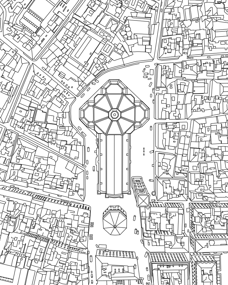 Florence Cathedral aerial vector line drawing, Brunelleschi dome segments, cruciform nave plan and surrounding Baptistery.