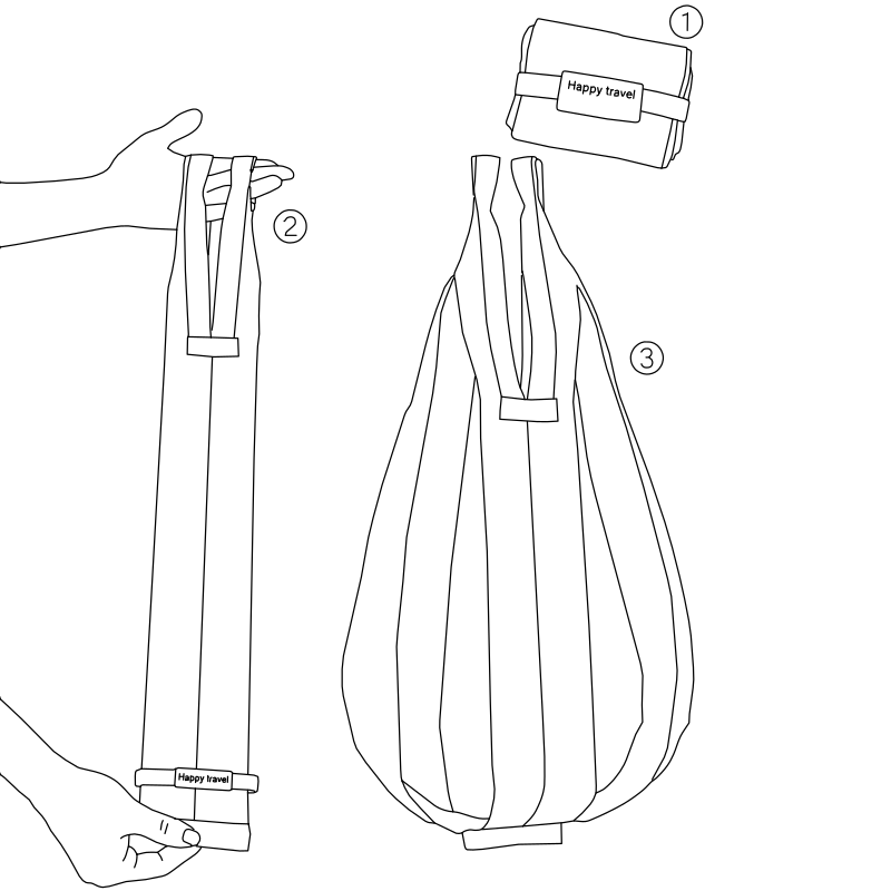 Foldable reusable shopping bag vector line drawing, three deployment stages showing rolled form, flat strip and expanded tote with handle detail.