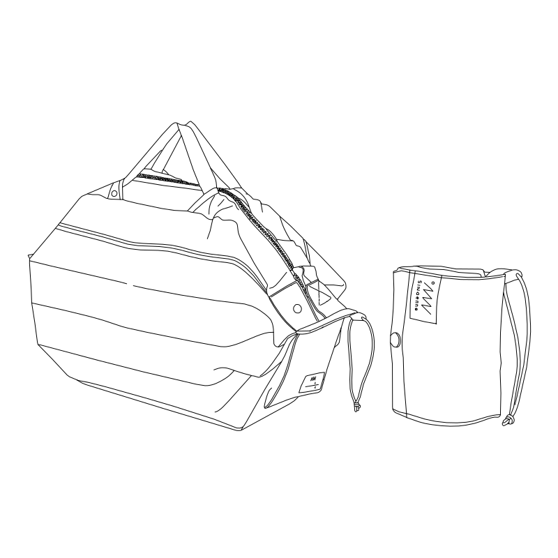 Foldable shopping bag with carry pouch vector line drawing, rectangular tote with panel seams and dual handles alongside cylindrical storage pouch.