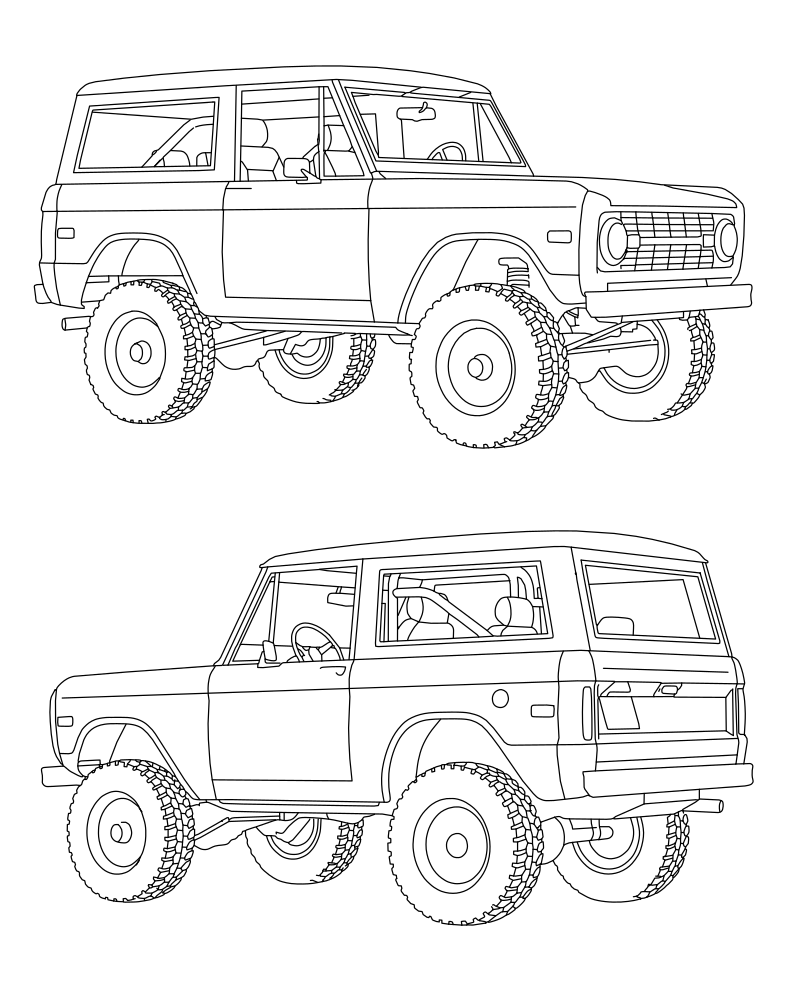 Ford Bronco first-generation SUV vector line drawing, boxy profile, large off-road tires and slotted grille detail.