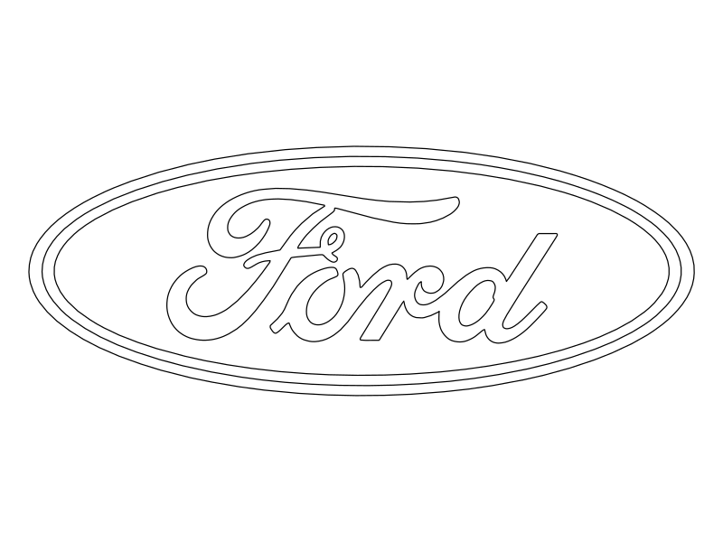 Ford logo oval emblem vector line drawing, double-ring oval border, cursive wordmark and extended F crossbar.