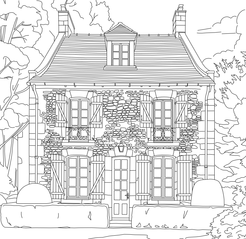 Vector line drawing of a French country stone farmhouse, showing a mansard roof, dormer window, arched shuttered windows, ironwork balconettes and clipped hedging.