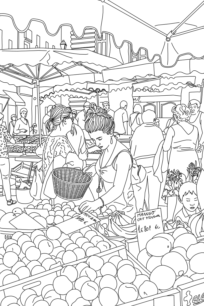 French outdoor fruit market vector line drawing, scalloped awning edges, stacked produce crates and crowd of shoppers.