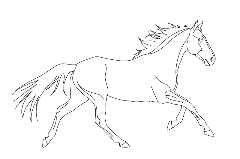 Galloping horse vector line drawing, outstretched legs, flowing mane and tail, full-stride side profile.