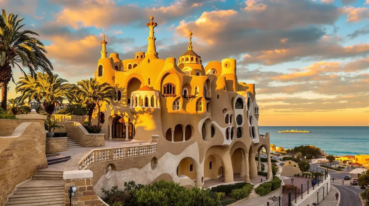 Original photo — Gaudi-style coastal fantasy castle vector line drawing, organic arched openings, layered spires with finials and undulating curved facade.