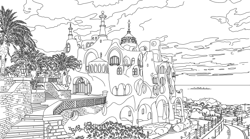 Gaudi-style coastal fantasy castle vector line drawing, organic arched openings, layered spires with finials and undulating curved facade.