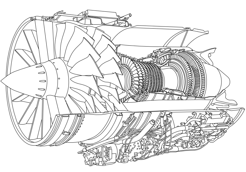 GE9X turbofan jet engine cutaway vector line drawing, large fan blades, multi-stage compressor disk stacks and accessory gearbox detail.