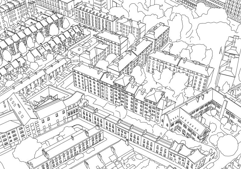 Georgian London street elevation vector line drawing, terraced blocks, sash window rhythms, chimney stacks and roofline variations.