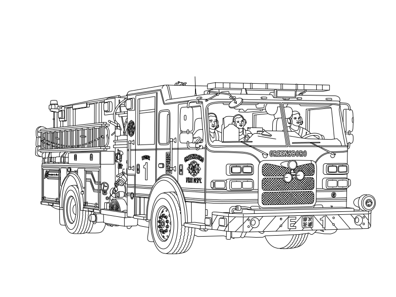 Vector line drawing of Greensboro Fire Department Engine 1, showing the cab with crew, roof light bar, ladder rack, grille, and front chevron bumper strip.