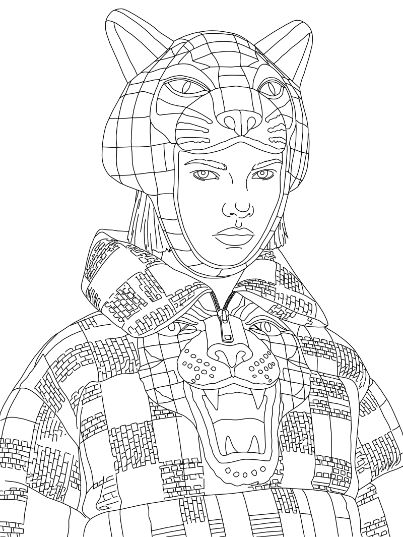 Gucci tiger balaclava and hoodie vector line drawing, cat-ear balaclava with feline face, plaid check pattern and chest tiger motif.