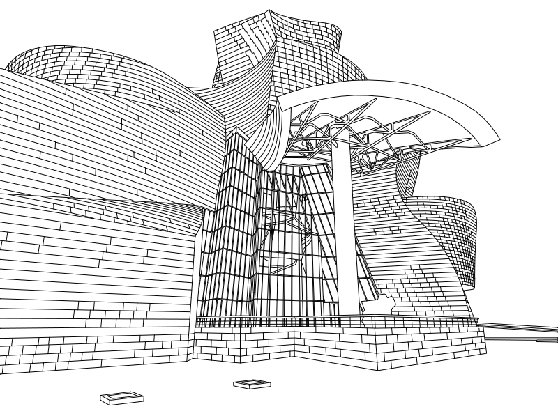 Vector line drawing of the Guggenheim Museum Bilbao showing sweeping curved volumes, cantilevered entrance canopy, structural lattice, and angular glass curtain wall.