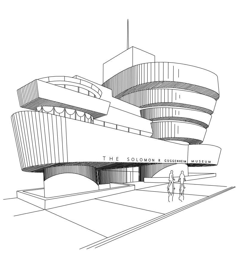 Solomon R. Guggenheim Museum vector line drawing, stacked spiral rotunda, widening cylindrical tiers and rectilinear annex tower.