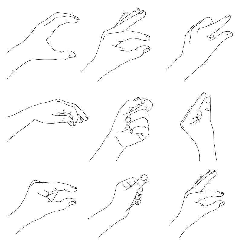 Hand gestures reference sheet vector line drawing, nine poses showing finger articulation, knuckle detail and wrist contours.