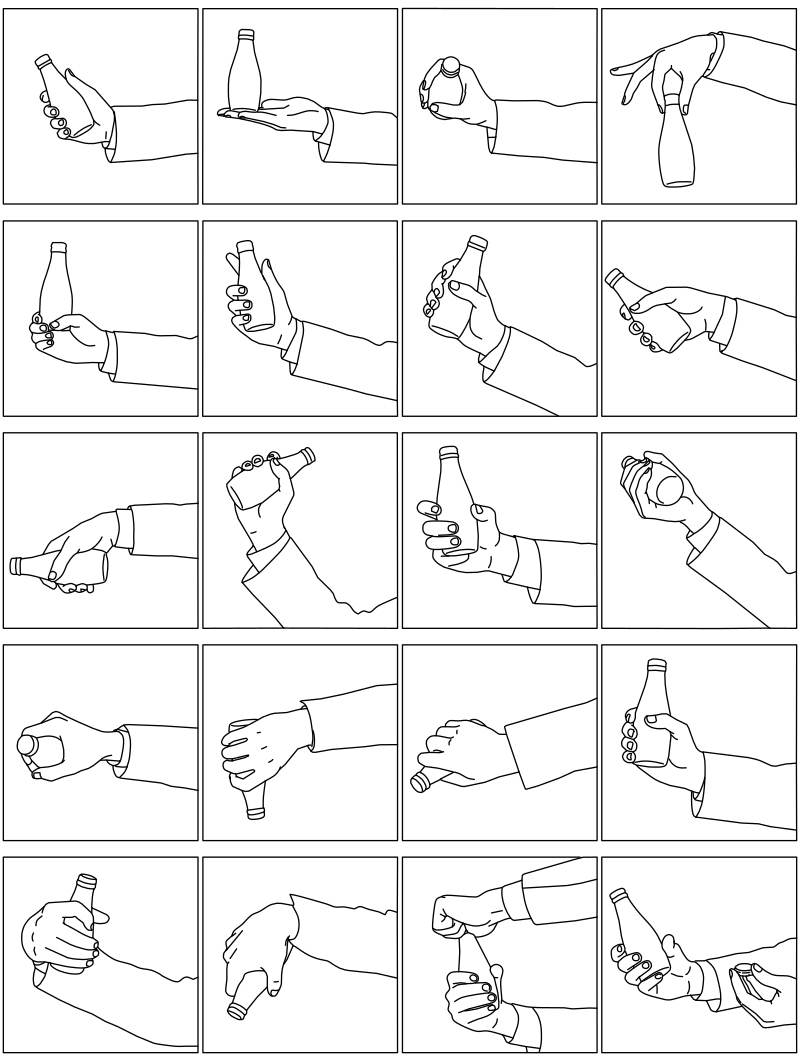 Hand holding bottle poses vector line drawing, 20 grip orientations including palm-up, wrapped fingers and inverted holds, for technical documentation.