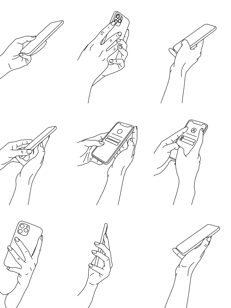 Hands holding a smartphone vector line drawing, nine poses showing finger placement, wrist angles and triple-camera rear panel.