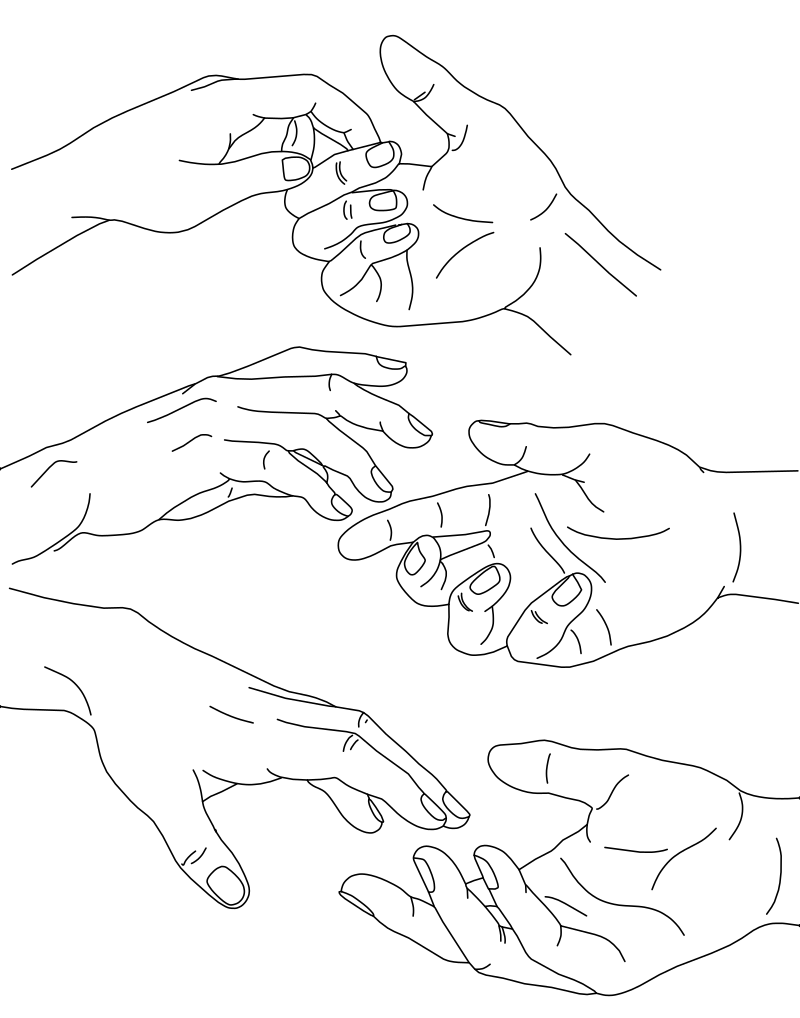 Hands reaching and touching vector line drawing, multiple poses with finger curvature, knuckle articulation and nail detail.