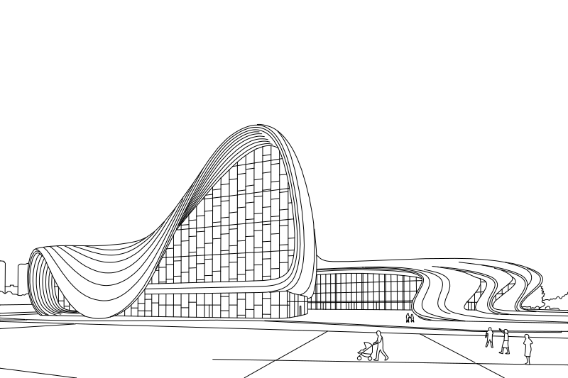 Vector line drawing of Zaha Hadid's Heydar Aliyev Center, showing flowing parametric curves, sweeping canopy, undulating facade and wave-like lateral fins.