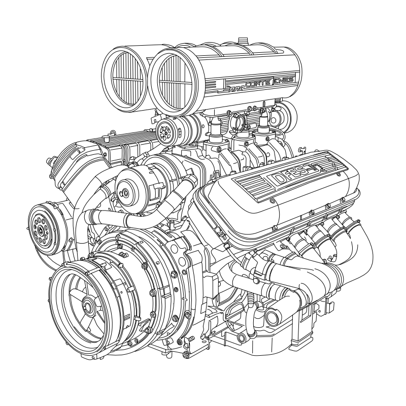 High-performance V8 engine vector line drawing, twin intake stacks, centrifugal supercharger, exhaust headers and cylinder head covers.