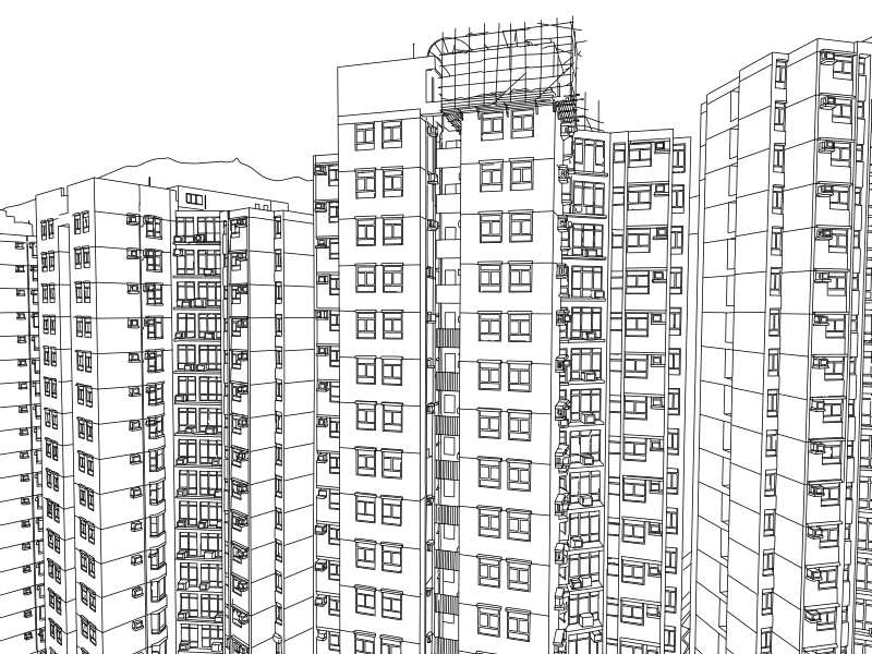 Vector line drawing of Hong Kong residential tower blocks, showing staggered rooflines, dense window grids, air conditioning units, and rooftop scaffolding.