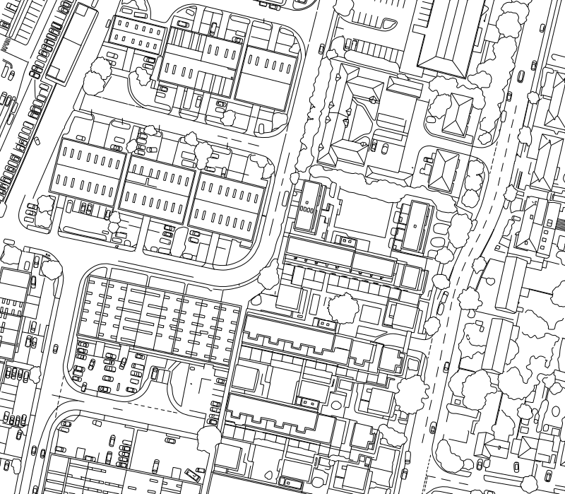 Industrial estate site plan vector line drawing, warehouse footprints, parking layouts and internal access roads, for architectural drafting reference.