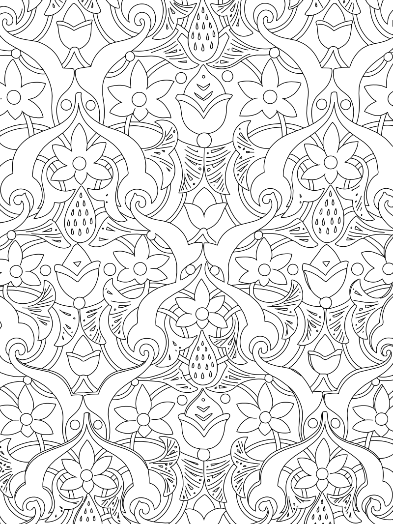 Islamic arabesque floral pattern vector line drawing, interlocking scrollwork, lotus blooms and teardrop seed motifs in a repeating lattice.