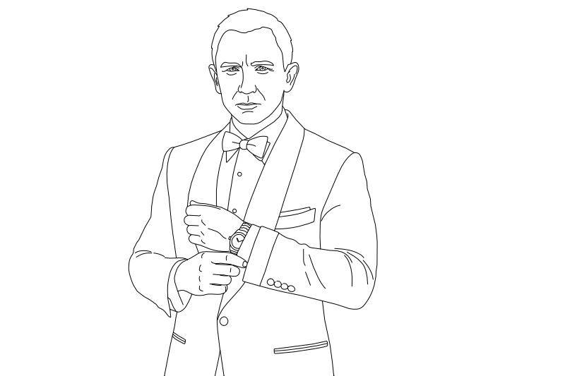 James Bond 007 tuxedo portrait vector line drawing, peaked lapels, bow tie, and wristwatch adjustment pose.