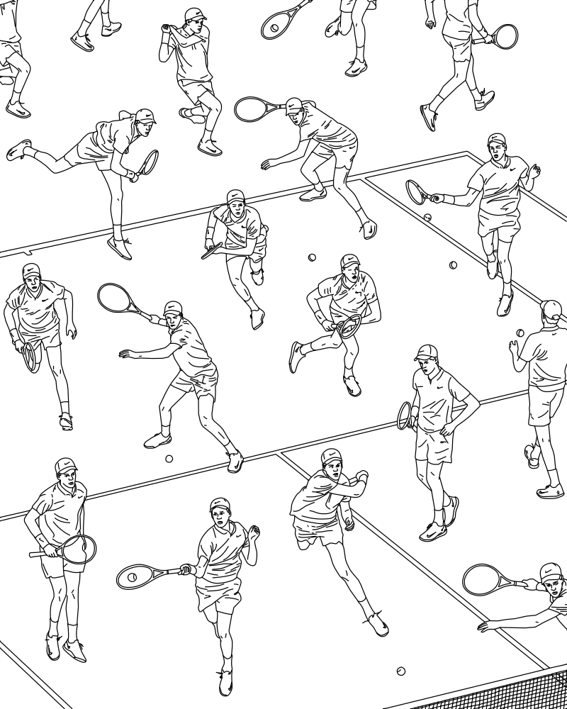 Jannik Sinner tennis composite vector line drawing, multiple action figures mid-serve and lunging for groundstrokes across a court.