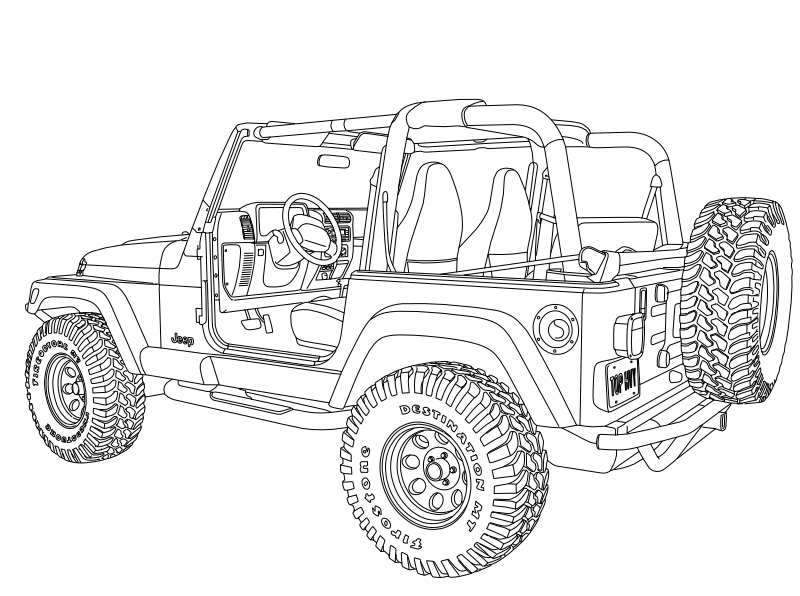Jeep Wrangler TJ vector line drawing, roll cage frame, oversized mud-terrain tires and rear-mounted spare wheel visible.
