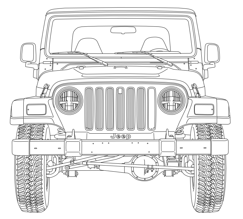 Jeep Wrangler TJ vector line drawing, seven-slot grille, round headlights and front axle linkage, front elevation view.