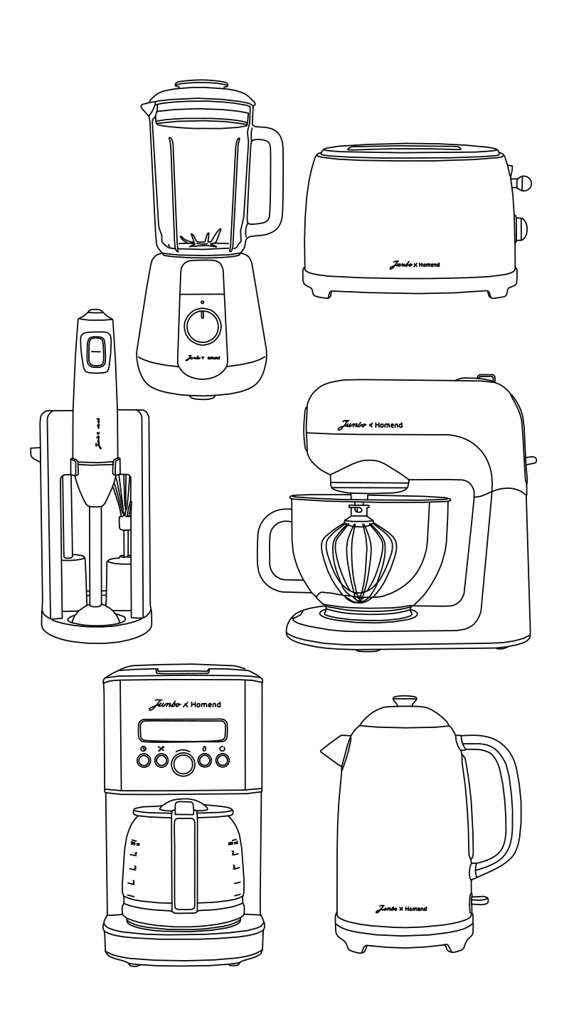 Jumbo x Homend kitchen appliance set vector line drawing, stand mixer bowl, kettle with domed lid, toaster, blender, and coffee maker.