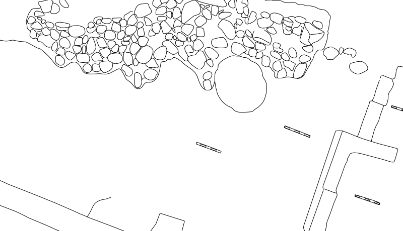 Trench plan line drawing from Kenan Tepe, Turkey: a cobble foundation stone by stone, a pit, mudbrick walls and scale bars