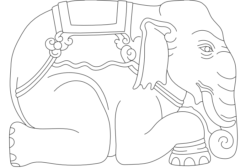 Khmer temple elephant relief vector line drawing, ornamental saddle cloth, scroll flourishes, and raised trunk on pedestal.