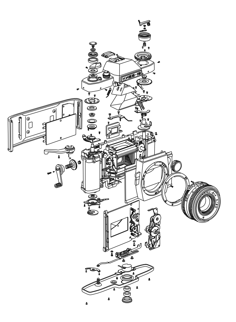 Kiev-19 SLR camera exploded view vector line drawing, pentaprism viewfinder, shutter mechanism, lens mount and body shell components.