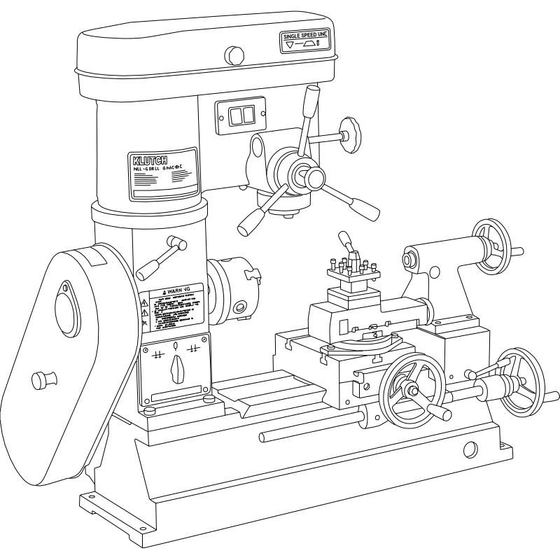 Klutch mill-drill lathe combination machine vector line drawing, quill feed handles, cross-slide handwheels, tool post and three-jaw chuck.