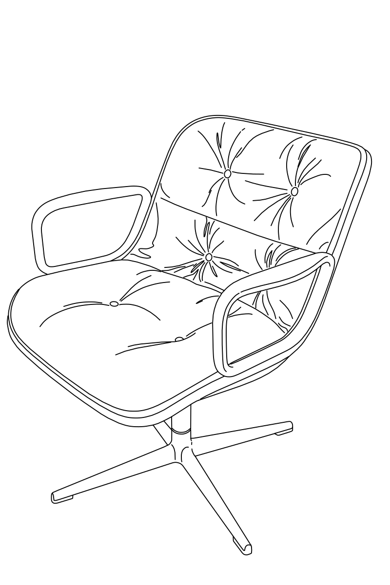 Knoll Pollock Executive Chair vector line drawing, tufted backrest and seat, wraparound shell frame and four-star swivel base.