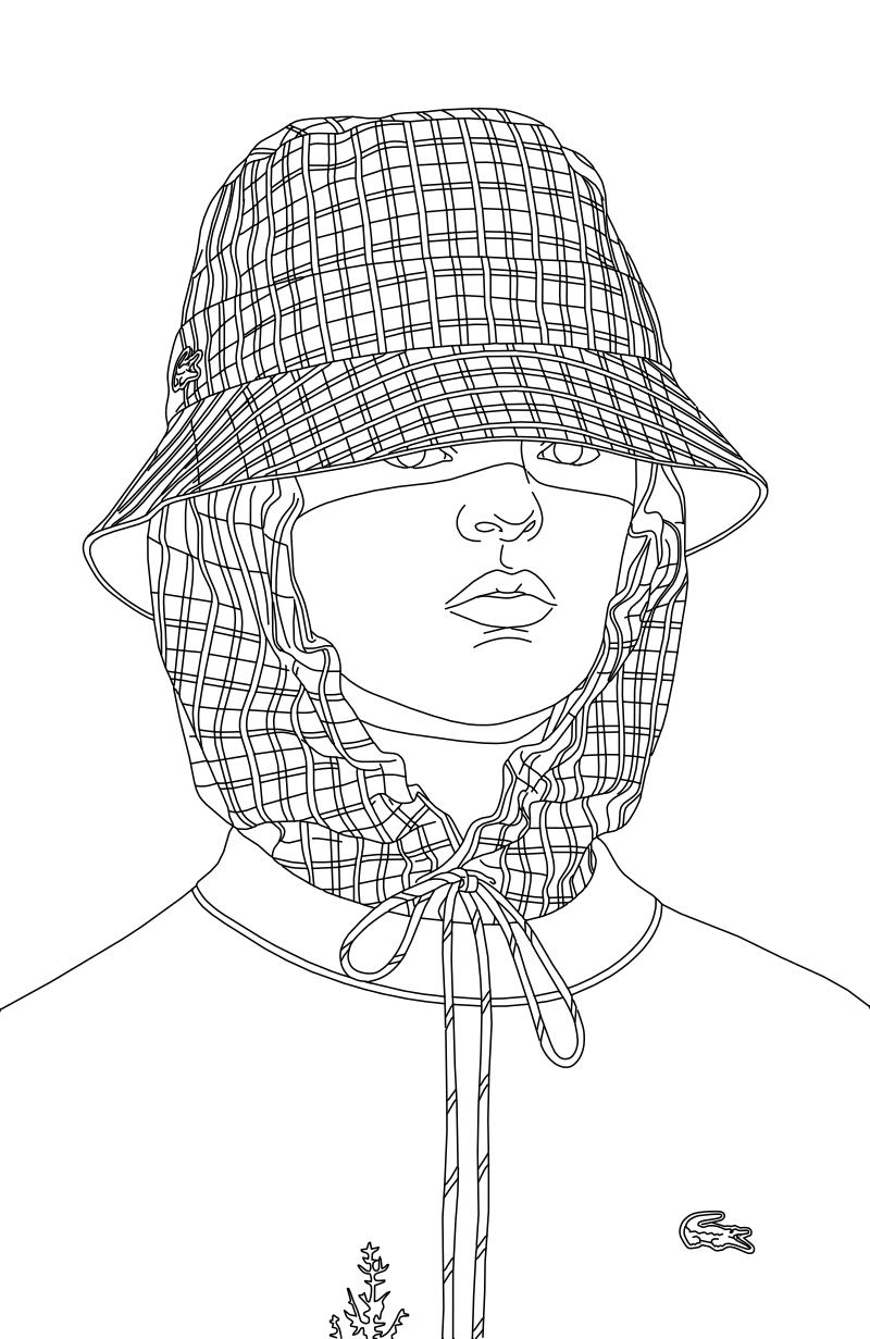 Lacoste bucket hat with neck guard vector line drawing, structured brim, gathered drawstring flap and check grid pattern.