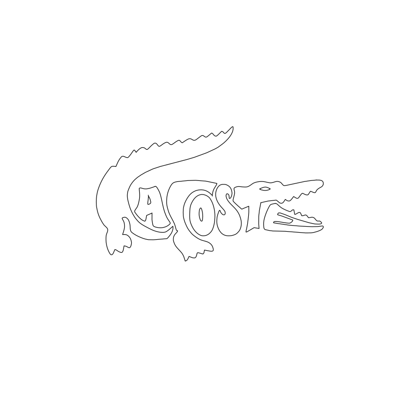 Lacoste crocodile logo vector line drawing, open jaw with teeth, serrated dorsal ridge and integrated wordmark typography.