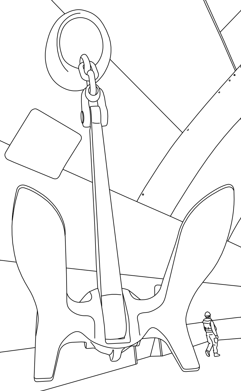 Large ship anchor vector line drawing, broad palm flukes, shank, swivel links and hawsehole, with worker figure for scale.