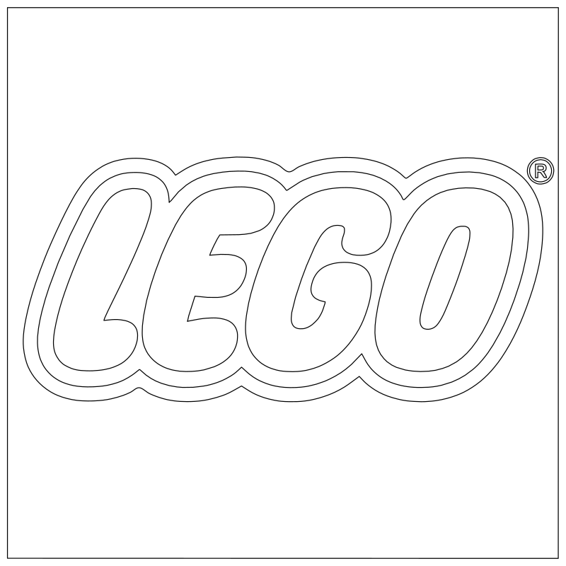 LEGO logo vector line drawing, rounded bold letterforms, layered badge outline and registered trademark symbol.