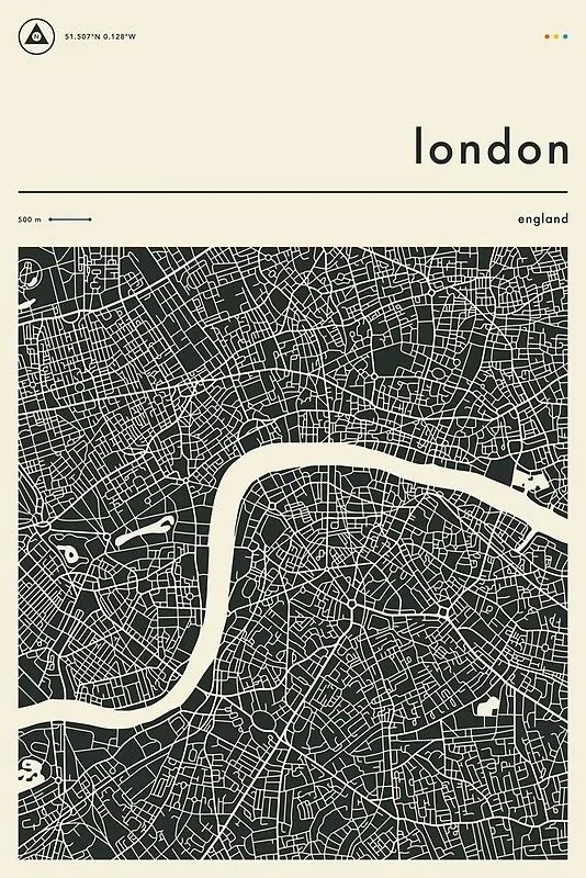 Original photo — London England city map vector line drawing, River Thames curve, dense street network and city block layout.