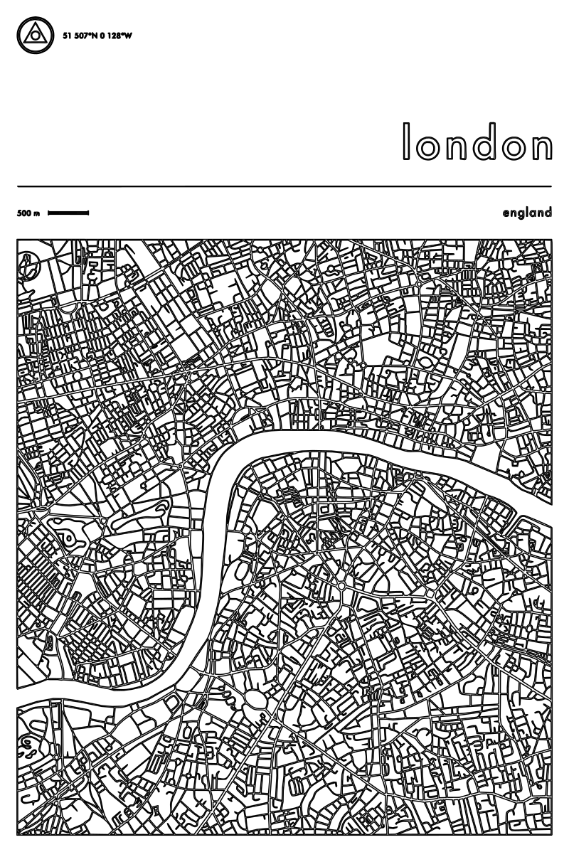 London England city map vector line drawing, River Thames curve, dense street network and city block layout.