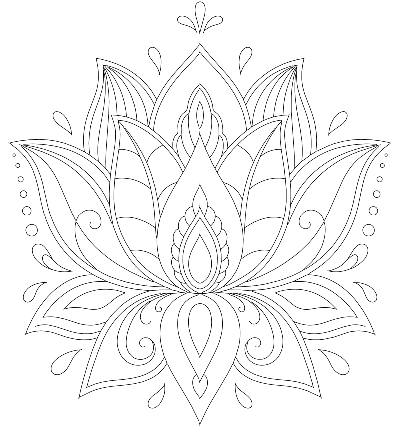 Lotus flower mandala vector line drawing, layered pointed petals, scrollwork teardrop motifs and nested geometric center.
